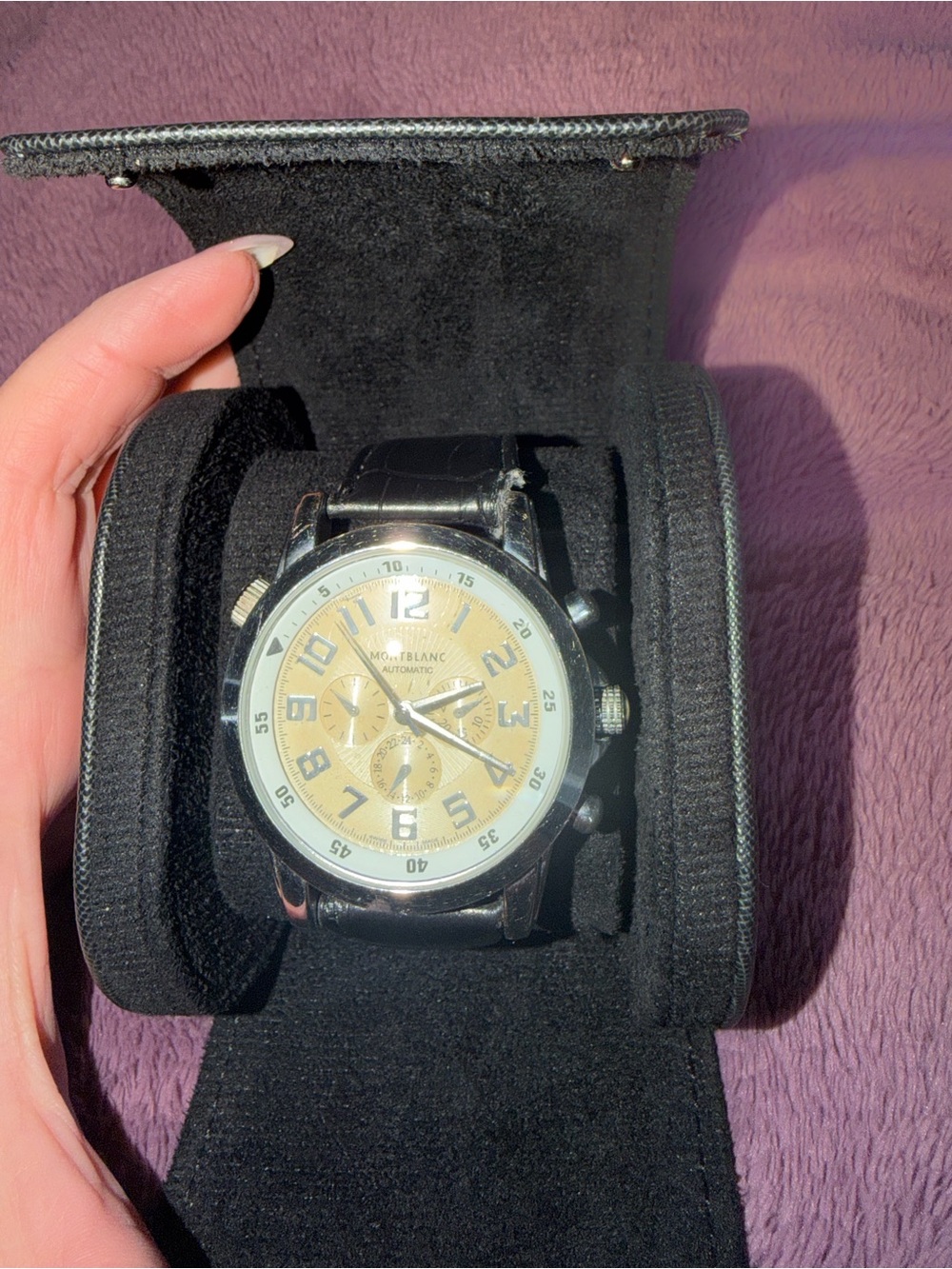 Montblanc Black Leather Toiletry/Watch Travel Case with Gold-Tone Watch